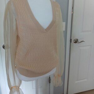 Anthropologie Maeve Sheer-Sleeve Sweater in Cream Size XL Knit V-Neck